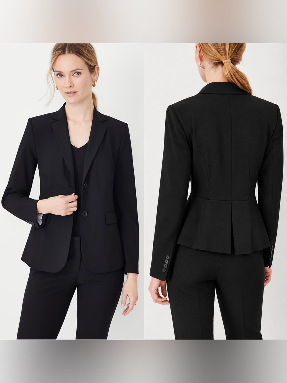 Ann Taylor Black Two-Button Seasonless Stretch Peplum back Blazer size 6 black